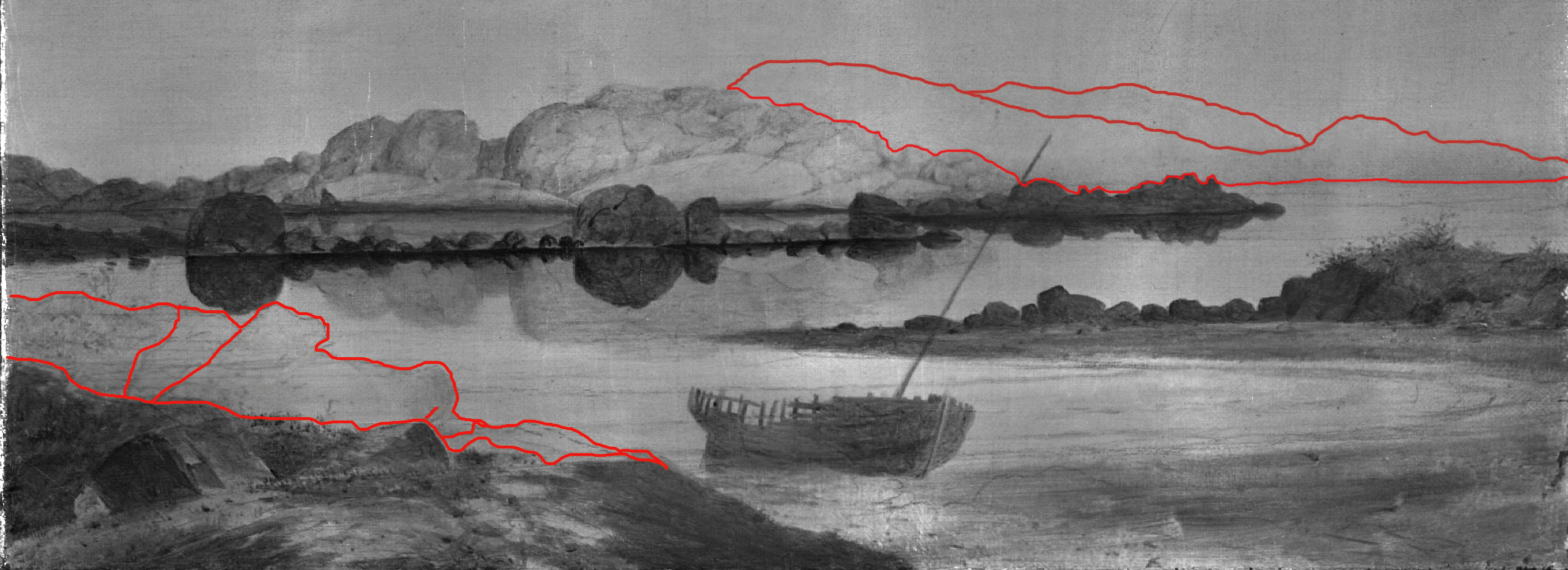 X-ray image with underdrawing of mountains and rocks highlighted.