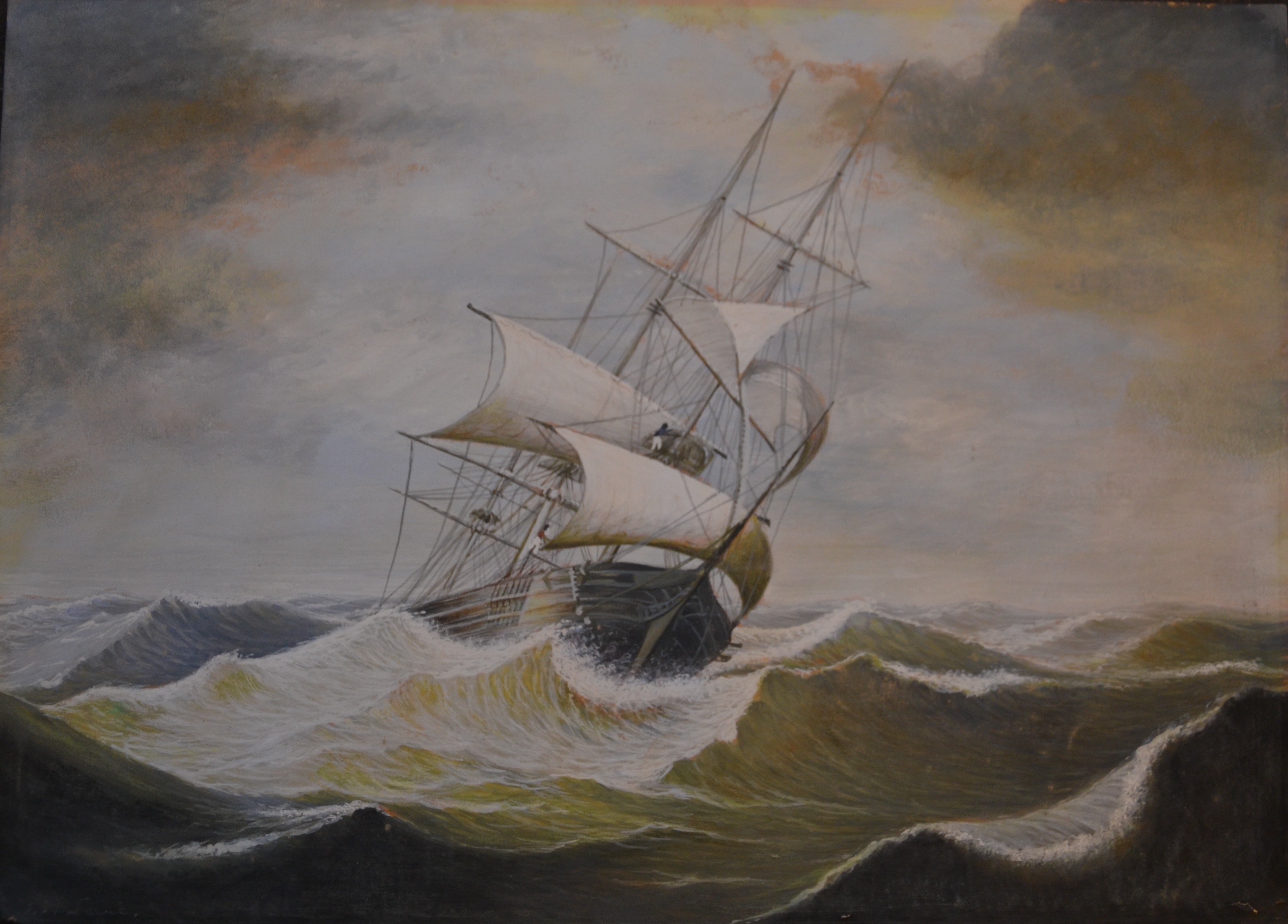 A watercolor of a ship in rough seas