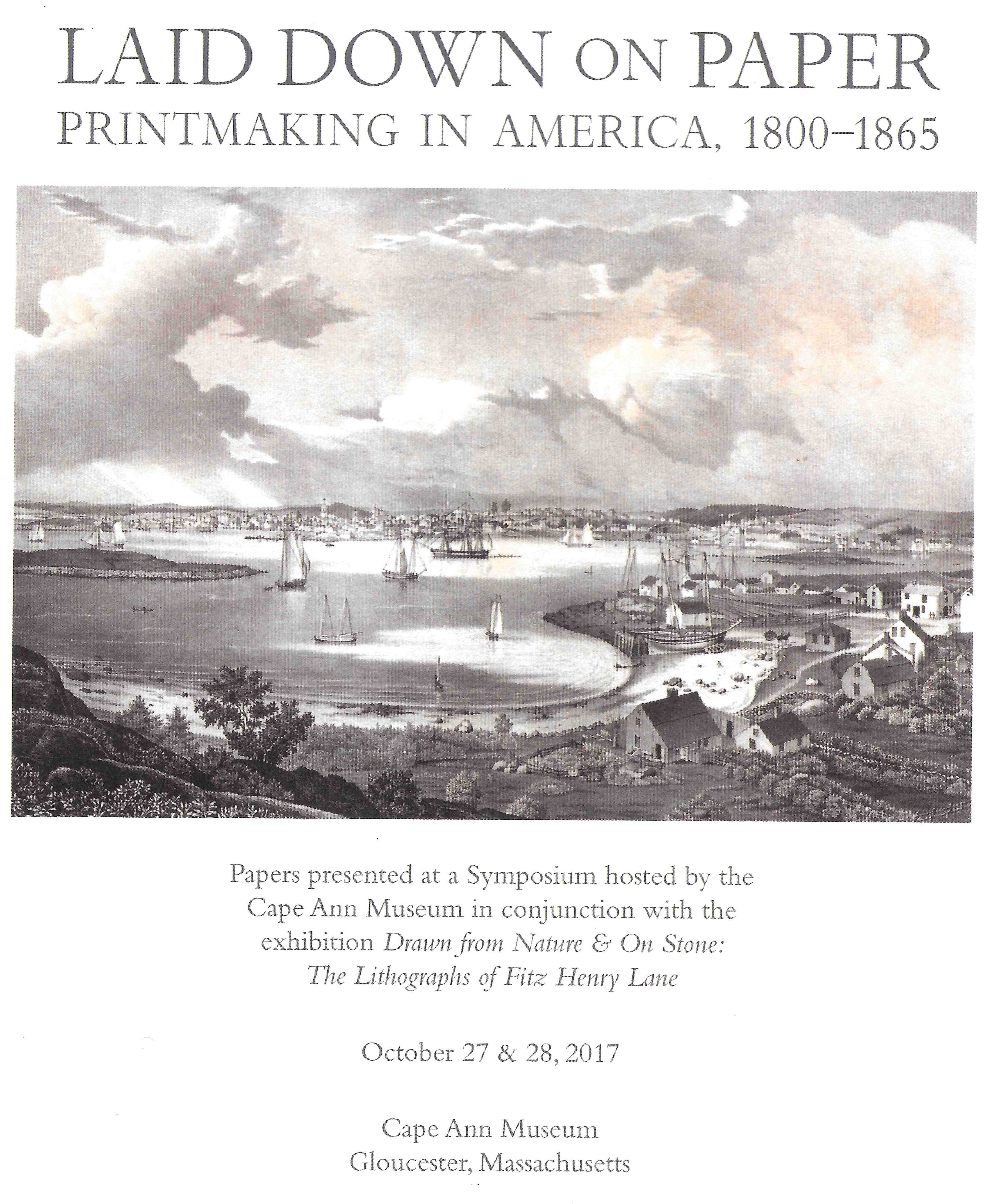 Cover of Laid Down on Paper catalogue with black and white Fitz Henry Lane print